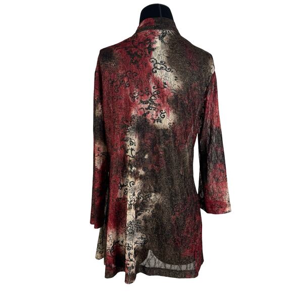 Chico's Size 1 Abstract Lace Mesh Open Cardigan Kimono Shawl Black Red Brown - Picture 5 of 8
